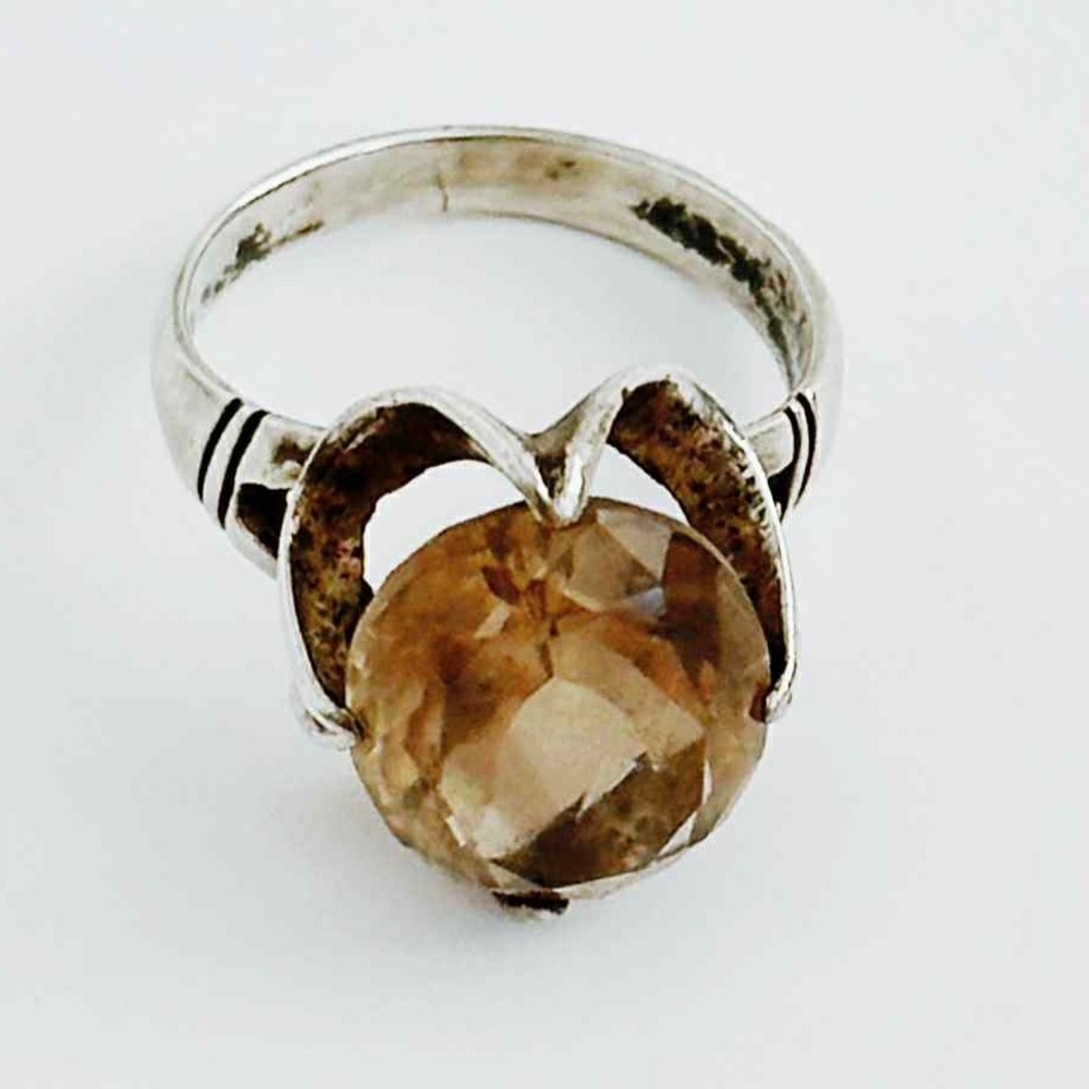 Vintage Sterling Silver Large Faceted Smoky Quartz - Picture 7 of 16